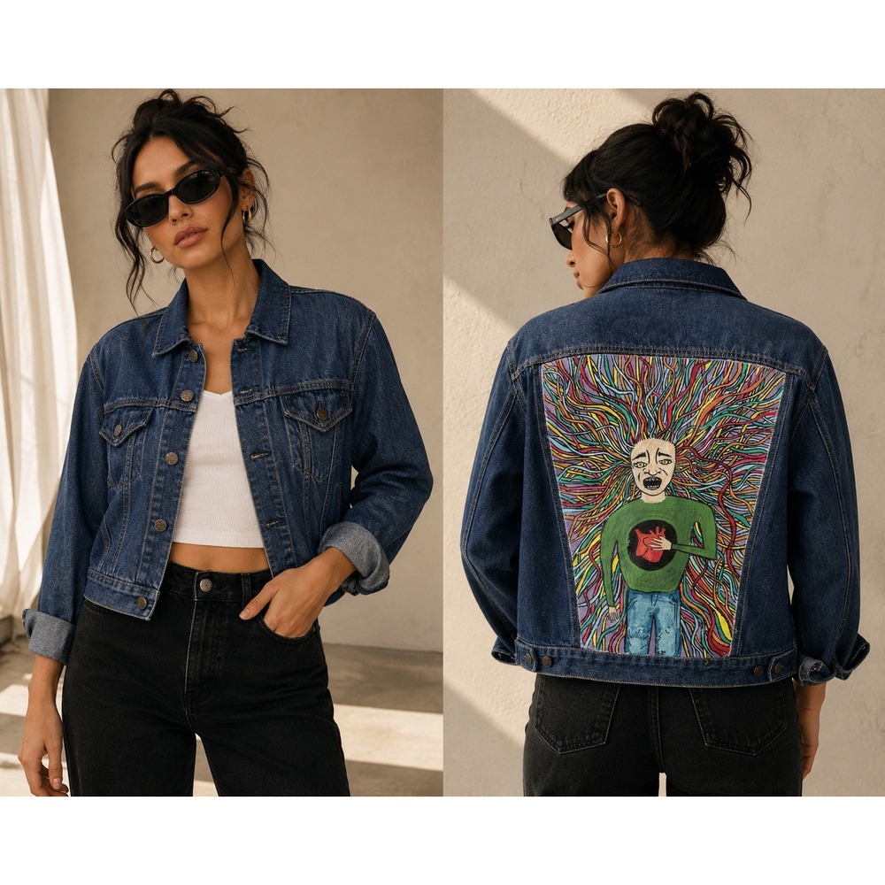 Custom Hand Painted Denim Trucker Jacket Graphic Back Art Medium Wash Blue